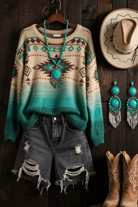 Western Turquoise Aztec Sweater