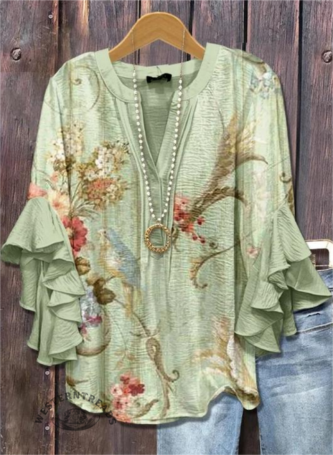 Retro Floral Print Ruffle Sleeve Top