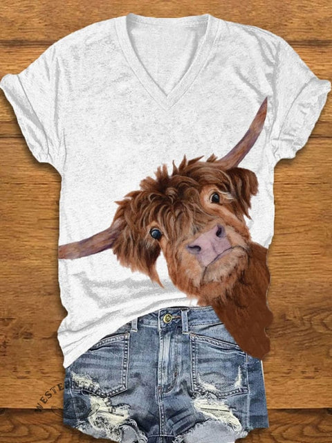 Women's West Highland Cow Print V-Neck T-Shirt