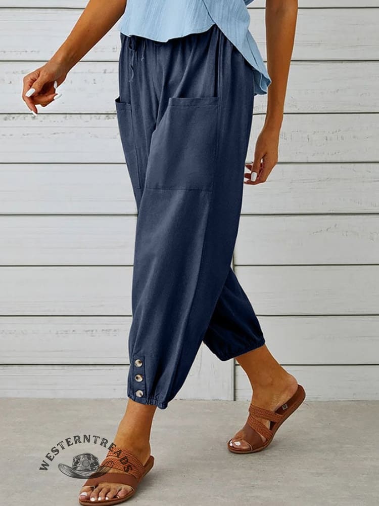 Solid Color Casual With Pocket Buttons Cotton Linen Trousers Pants