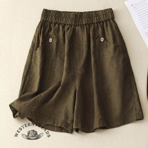 Cotton and linen elastic waist shorts