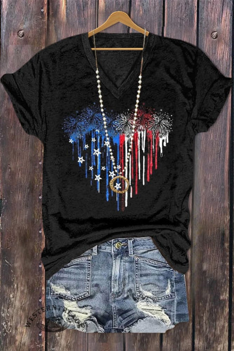 American Flag Heart Print V-Neck T-Shirt