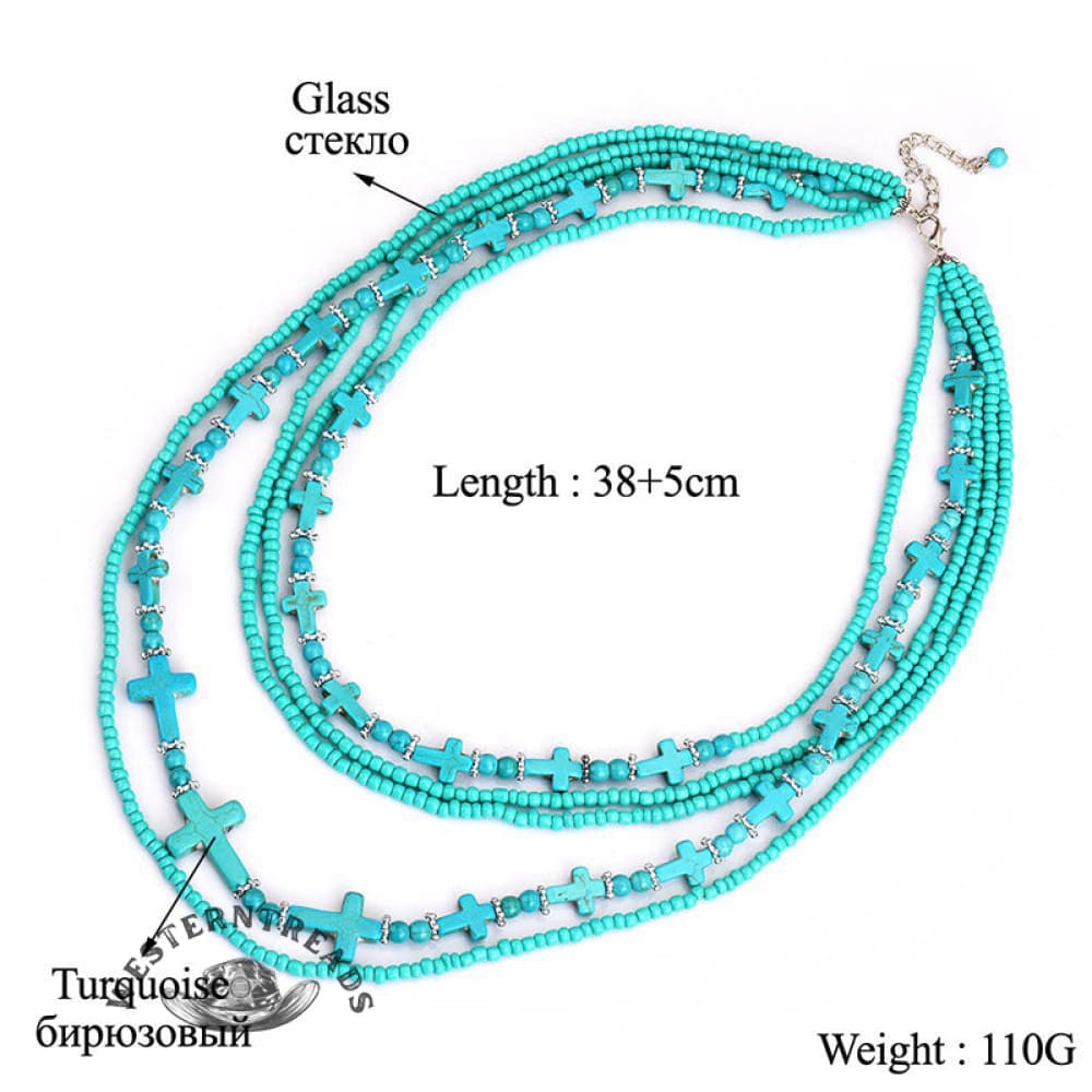 Vintage Turquoise Rice Beaded Multi-layer Cross Necklace