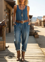 Women's Casual Cotton Vest And Denim Jumpsuit