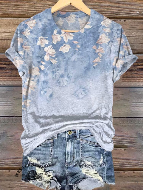 Blue Elegant Floral Picture Print Casual T-Shirt
