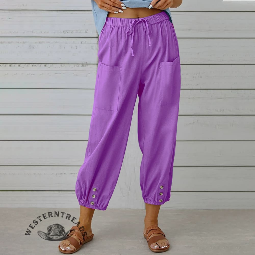 Solid Color Casual With Pocket Buttons Cotton Linen Trousers Pants