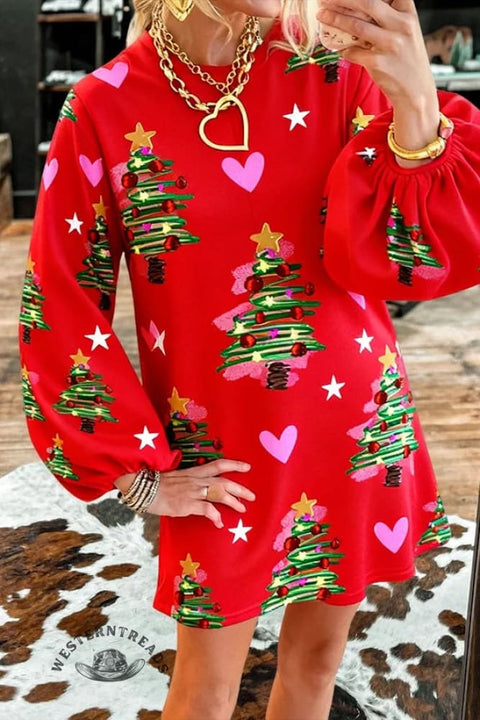 Christmas Tree Heart Puff Sleeve Mini Dress