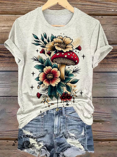 Flower & Mushrooms Print T-shirt