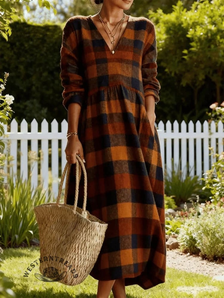 Women'S Casual Plaid Long Sleeve Dress