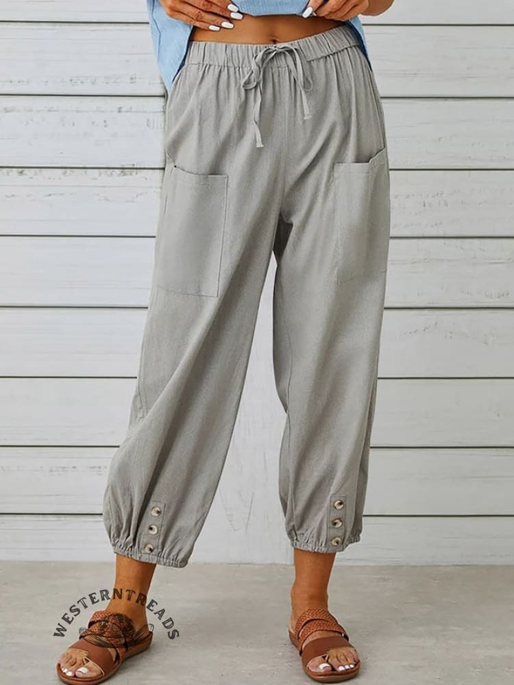 Solid Color Casual With Pocket Buttons Cotton Linen Trousers Pants