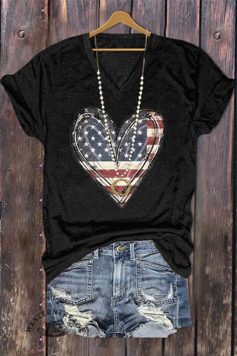 Flag Print Patriotic V-neck Casual T-Shirt