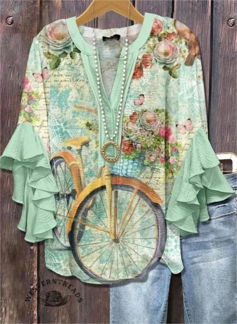 Spring Floral Print Ruffle Sleeve Top