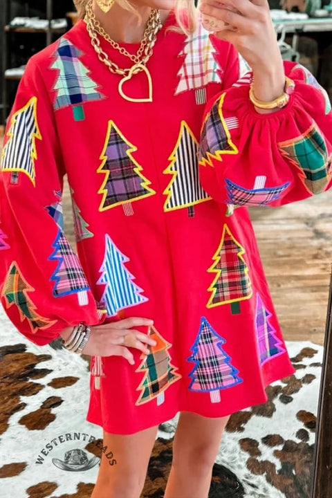 Christmas Tree Puff Sleeve Mini Dress