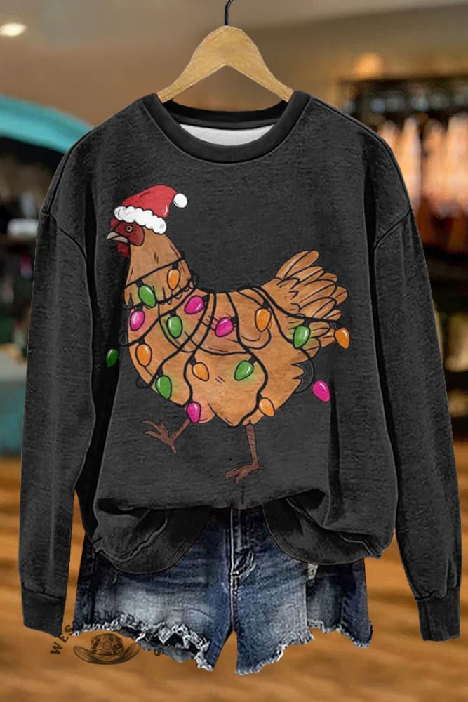 Cute Christmas Rooster Print Sweatshirt