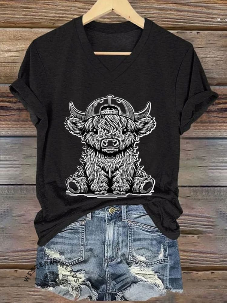 Women's Western Highland Cow printed casual T-shirt