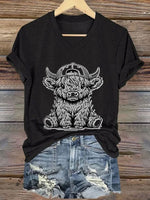 Women's Western Highland Cow printed casual T-shirt