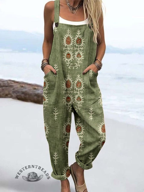 Women's Retro Decorative Pattern Casual Cotton Wide Leg Jumpsuit