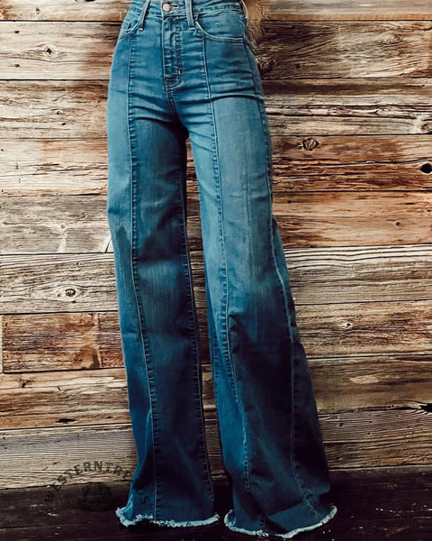 Retro women's blue high waist casual wide leg pants
