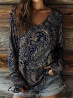 Women's Paisley Print V-neck Casual T-Shirt