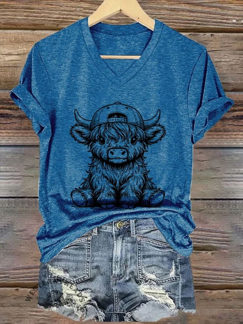 Women's Western Highland Cow printed casual T-shirt