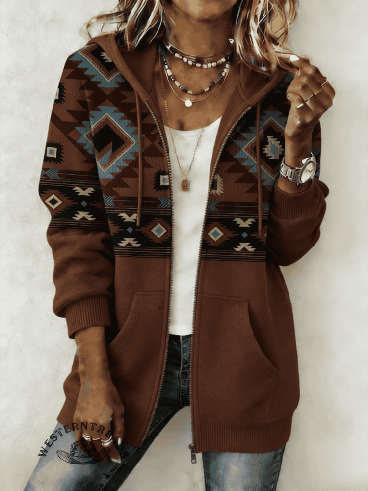 Retro Print Hooded Sweatshirt Cardigan Jacket