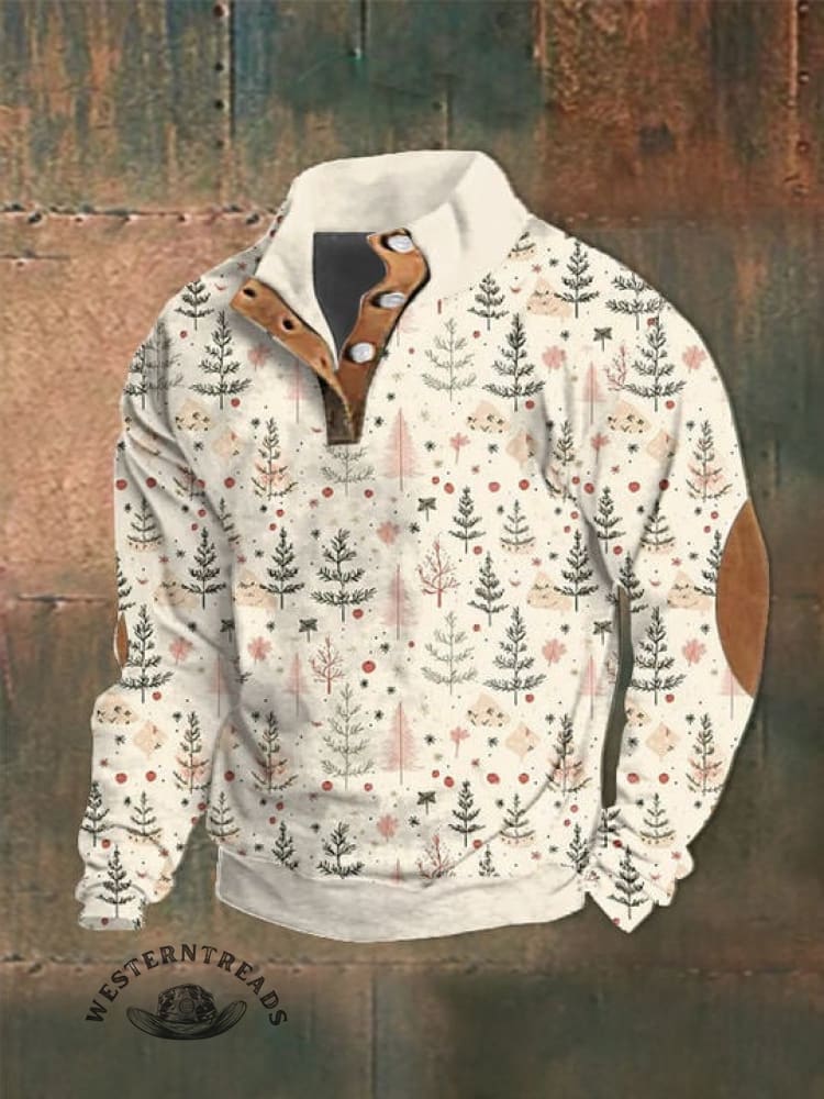 Men's Merry Christmas Print Stand Collar Button Sweatshirt