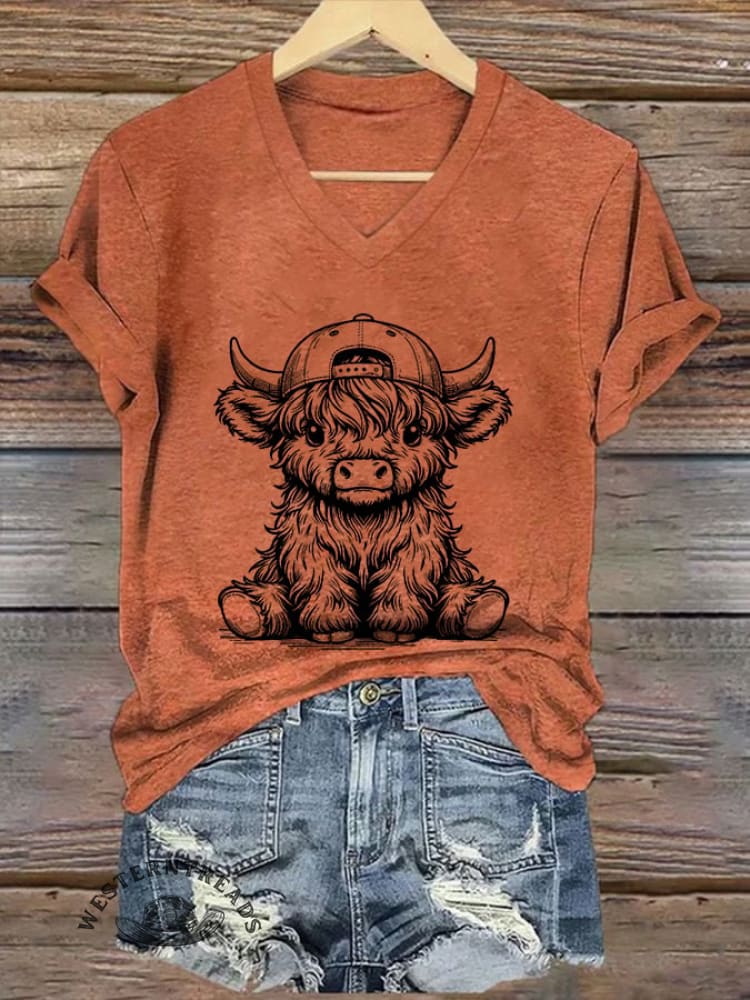 Women's Western Highland Cow printed casual T-shirt