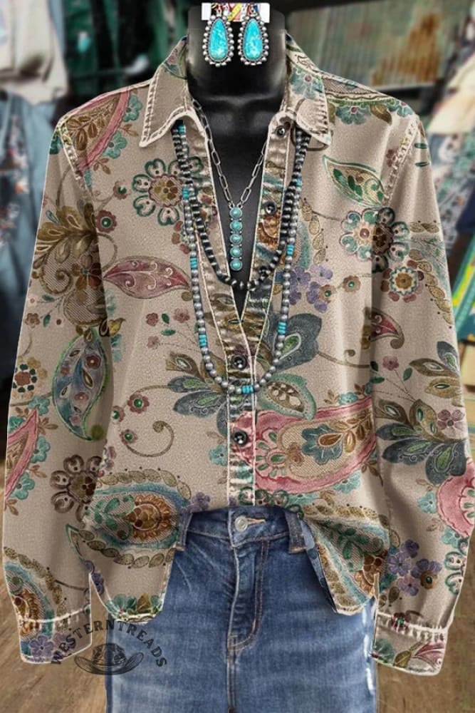 Women's Vintage PrintLong Sleeved Shirt