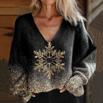 Women's Christmas Snowflake Art Pattern Casual V-Neck Knitted Sweater