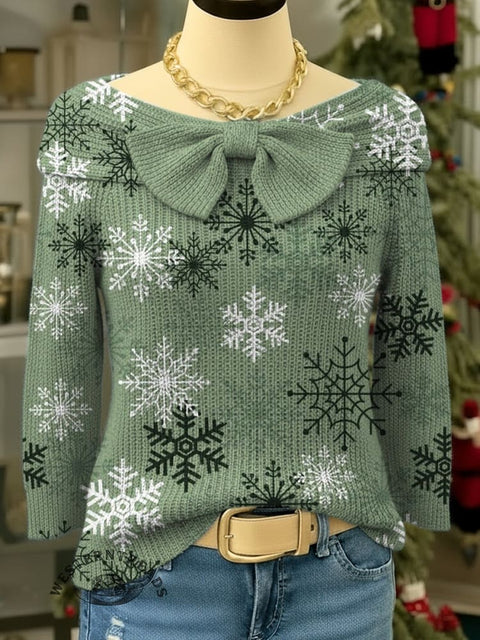 Women's Christmas Snowflake Print Horizontal Collar Bow Sweater