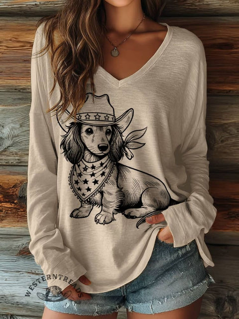 100% Cotton🍃Women's Dog Print Casual V-neck Long Sleeve T-shirt