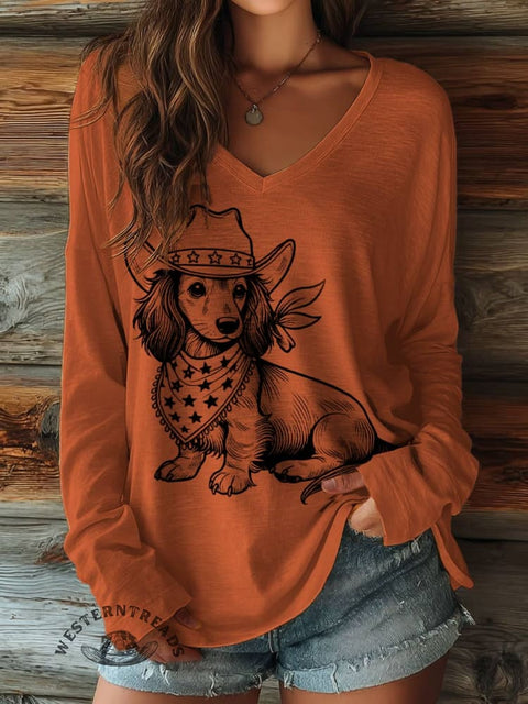 100% Cotton🍃Women's Dog Print Casual V-neck Long Sleeve T-shirt