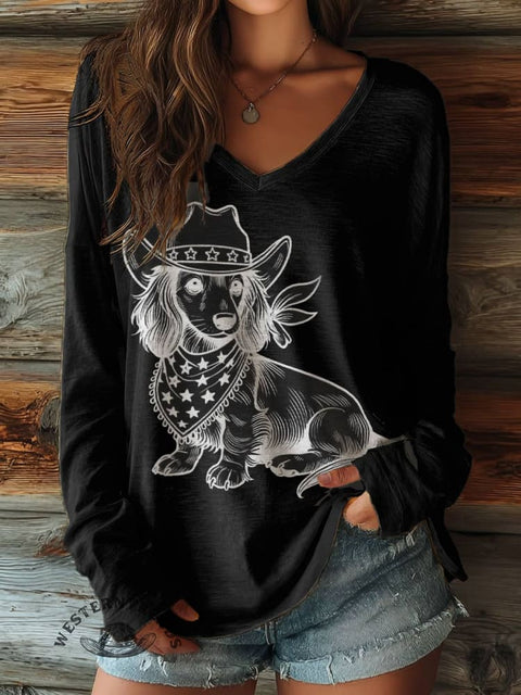 100% Cotton🍃Women's Dog Print Casual V-neck Long Sleeve T-shirt