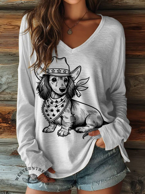100% Cotton🍃Women's Dog Print Casual V-neck Long Sleeve T-shirt