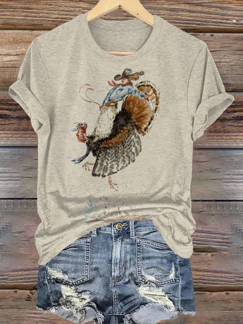 Cowboy Riding Turkey Print T-shirt