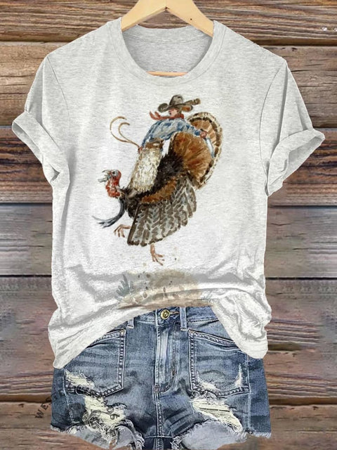 Cowboy Riding Turkey Print T-shirt