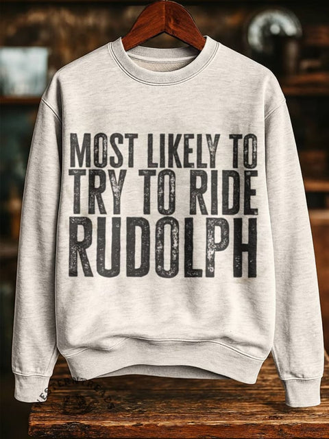 Cowboy Christmas Print Casual Cotton Sweatshirt