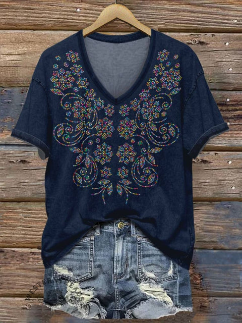 Women's Flower Print V-neck Casual T-Shirt