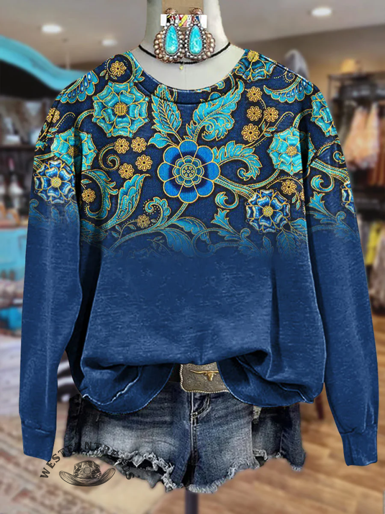 Retro Blue Floral Gradient Pattern Print Casual T-Shirt