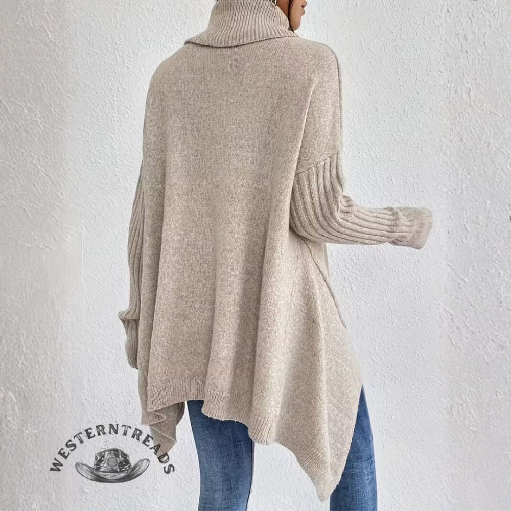 Women's Long Turtleneck Solid Color Sweater With Irregular Hem