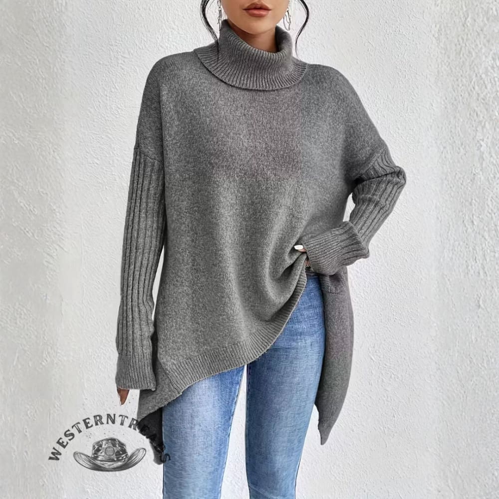 Women's Long Turtleneck Solid Color Sweater With Irregular Hem