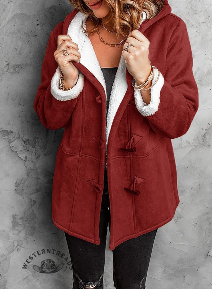 Horn Button Solid Color Plush Hooded Jacket Coat
