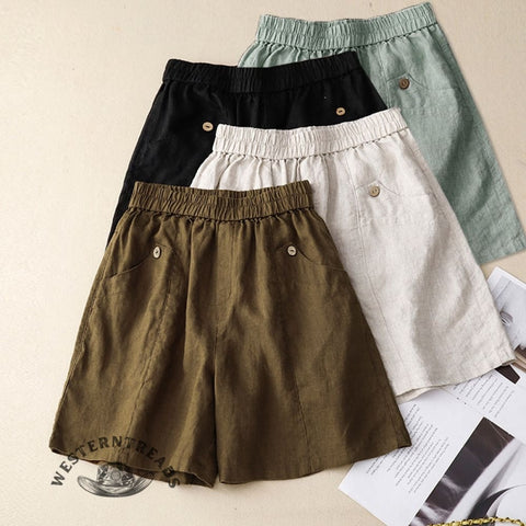 Cotton and linen elastic waist shorts