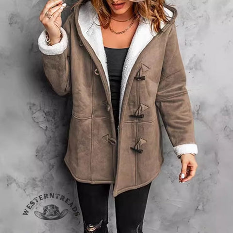 Horn Button Plush Hooded Jacket Coat