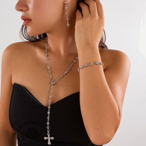 Metal Flower Cross Necklace Earrings Bracelet Set
