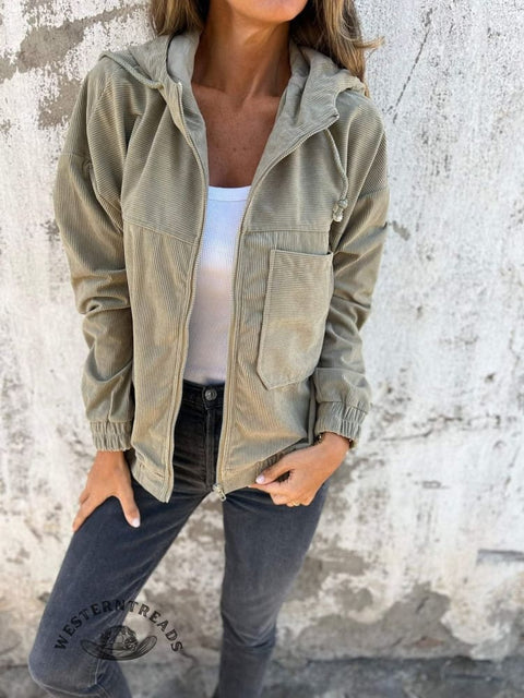 Fall Women's Solid Color Corduroy Hooded Jacket Coat