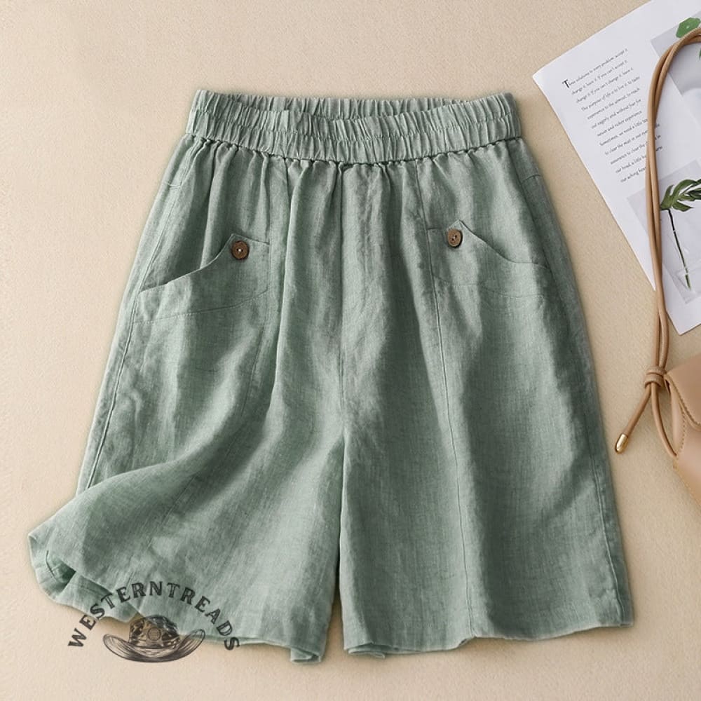 Cotton And Linen Solid Color Elastic Waist Shorts