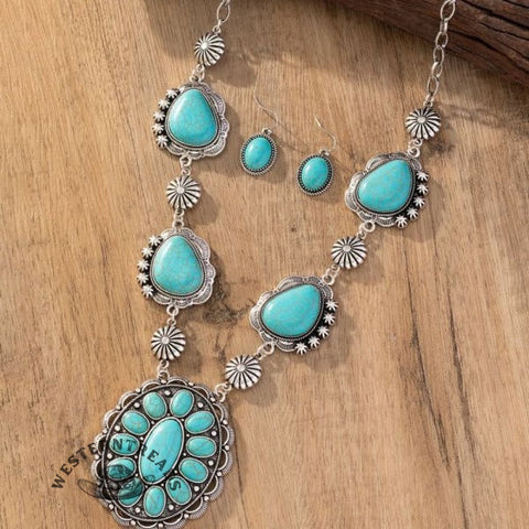 Western style retro special-shaped turquoise necklace with earrings jewelry set