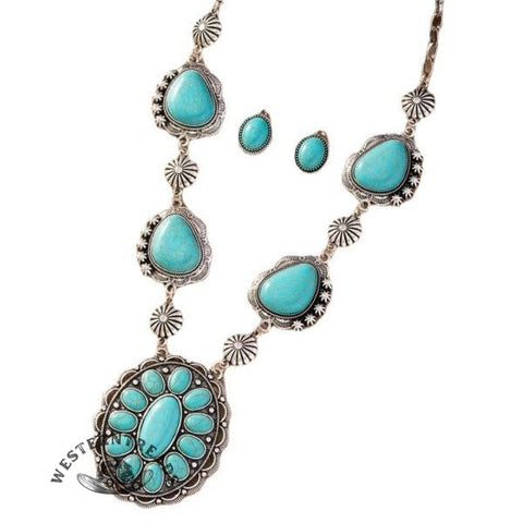 Western style retro special-shaped turquoise necklace with earrings jewelry set