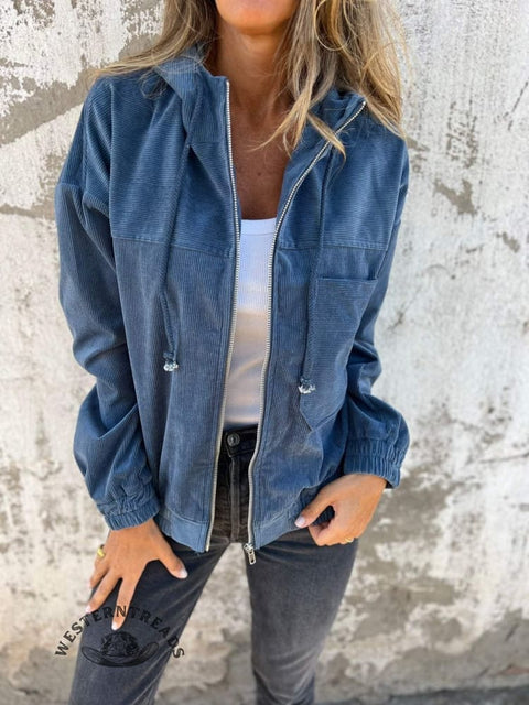 Fall Women's Solid Color Corduroy Hooded Jacket Coat